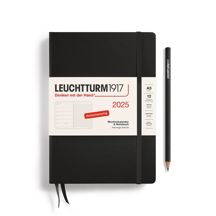 Weekly Planner & Notebook Medium (A5) 2025, Black, German