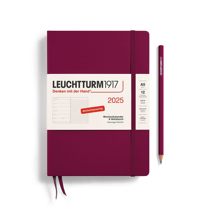 Weekly Planner & Notebook Medium (A5) 2025, Port Red, German