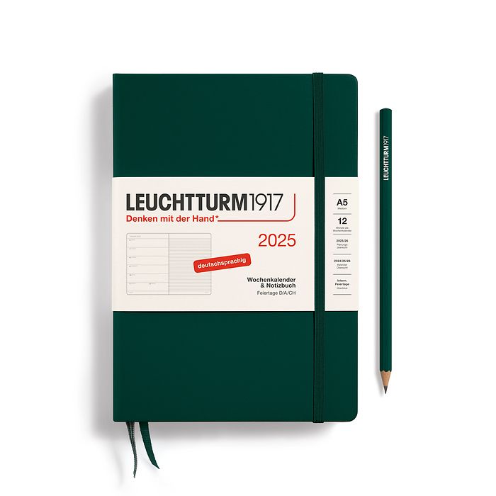 Weekly Planner & Notebook Medium (A5) 2025, Forest Green, German