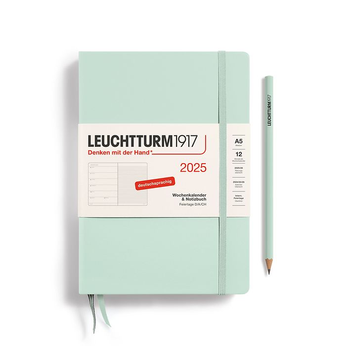 Weekly Planner & Notebook Medium (A5) 2025, Mint Green, German