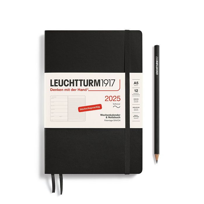 Weekly Planner & Notebook Medium (A5) 2025, Softcover, Black, German