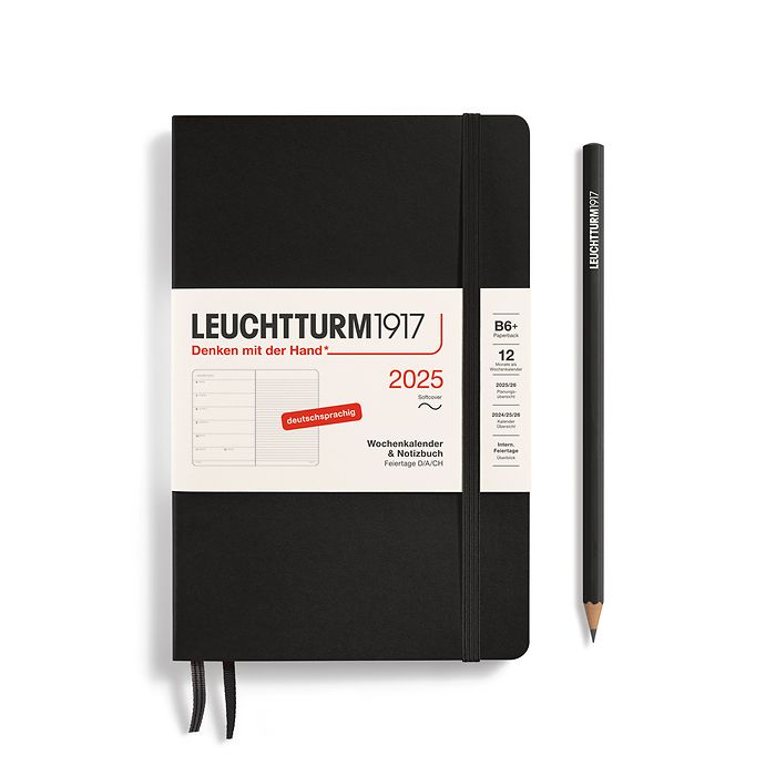 Weekly Planner & Notebook Paperback (B6+) 2025, Softcover, Black, German