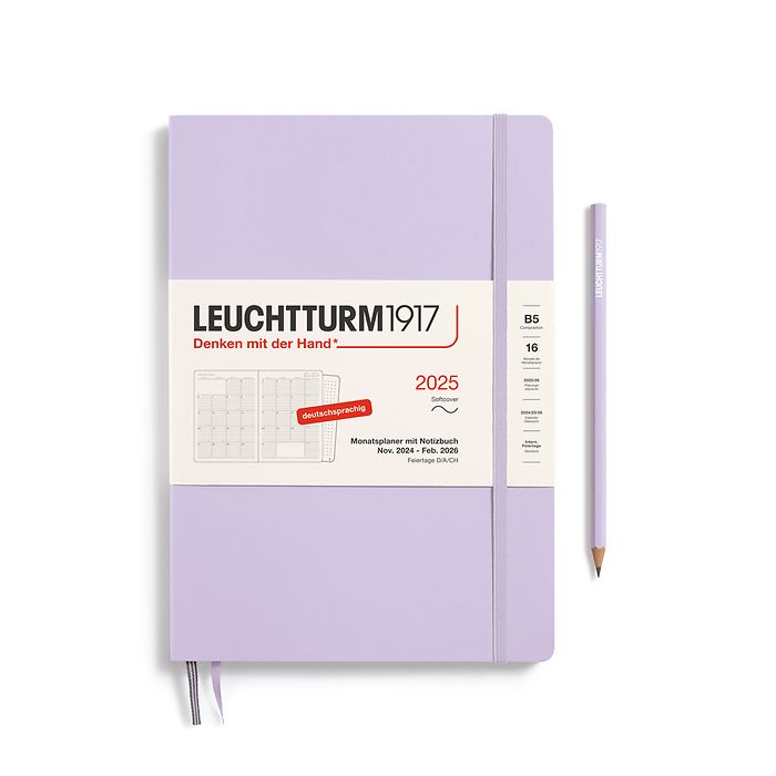 Monthly Planner & Notebook Composition (B5) 2025, 16 Months, Softcover, Lilac, German