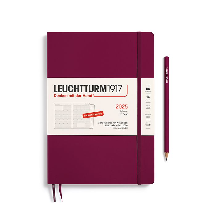 Monthly Planner & Notebook Composition (B5) 2025, 16 Months, Softcover, Port Red, German