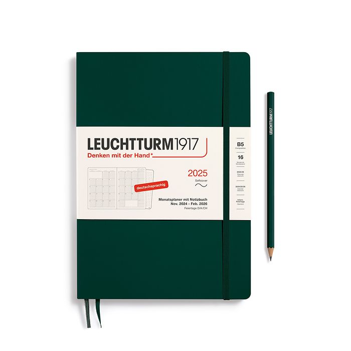 Monthly Planner & Notebook Composition (B5) 2025, 16 Months, Softcover, Forest Green, Germ