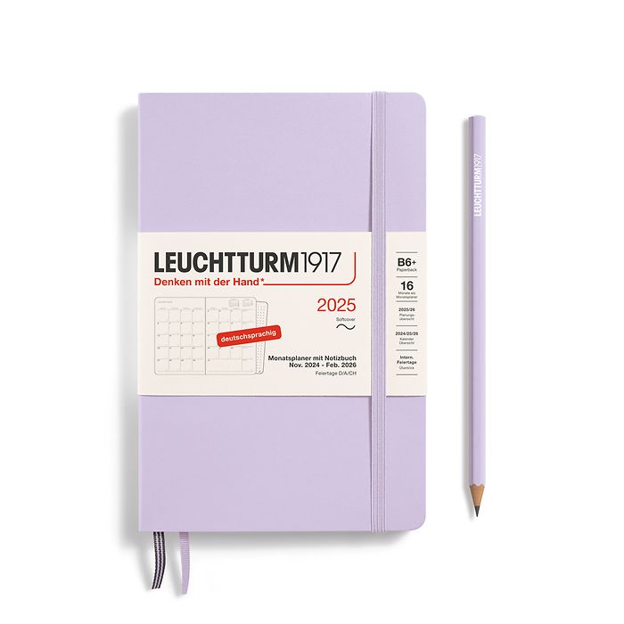 Monthly Planner & Notebook Paperback (B6+) 2025, 16 Months,  Softcover, Lilac, German