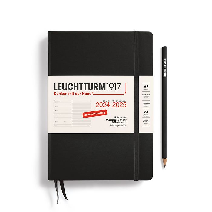 Weekly Planner & Notebook Medium (A5) 2025, 18 Months, Black, German