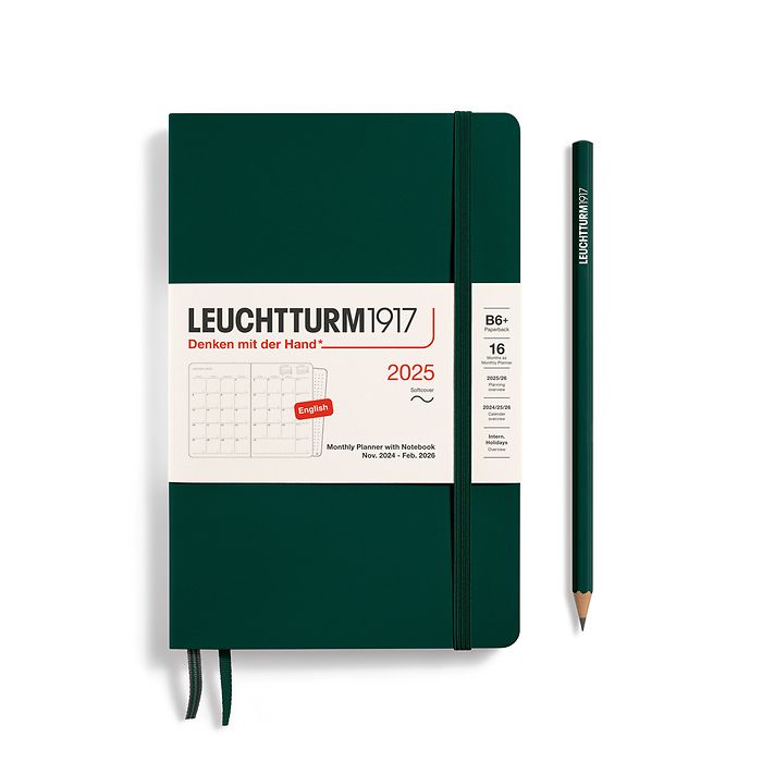 Monthly Planner & Notebook Paperback (B6+) 2025, 16 Months,  Softcover, Forest Green, Engl