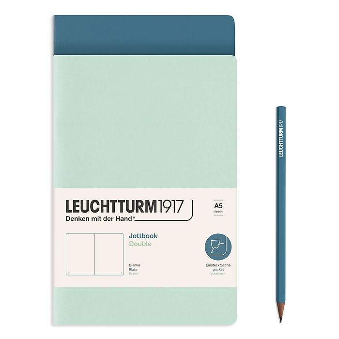 Jottbook (A5), 59 numbered pages, plain, Mint Green and Stone Blue, Pack of 2