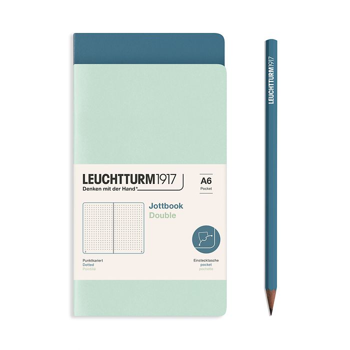 Jottbook (A6), 59 numbered pages, dotted, Mint Green and Stone Blue, Pack of 2