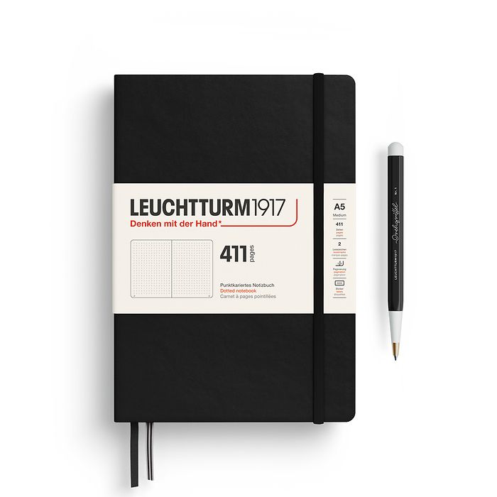 Notebook Medium (A5), Hardcover, 411 numbered pages, Black, Dotted